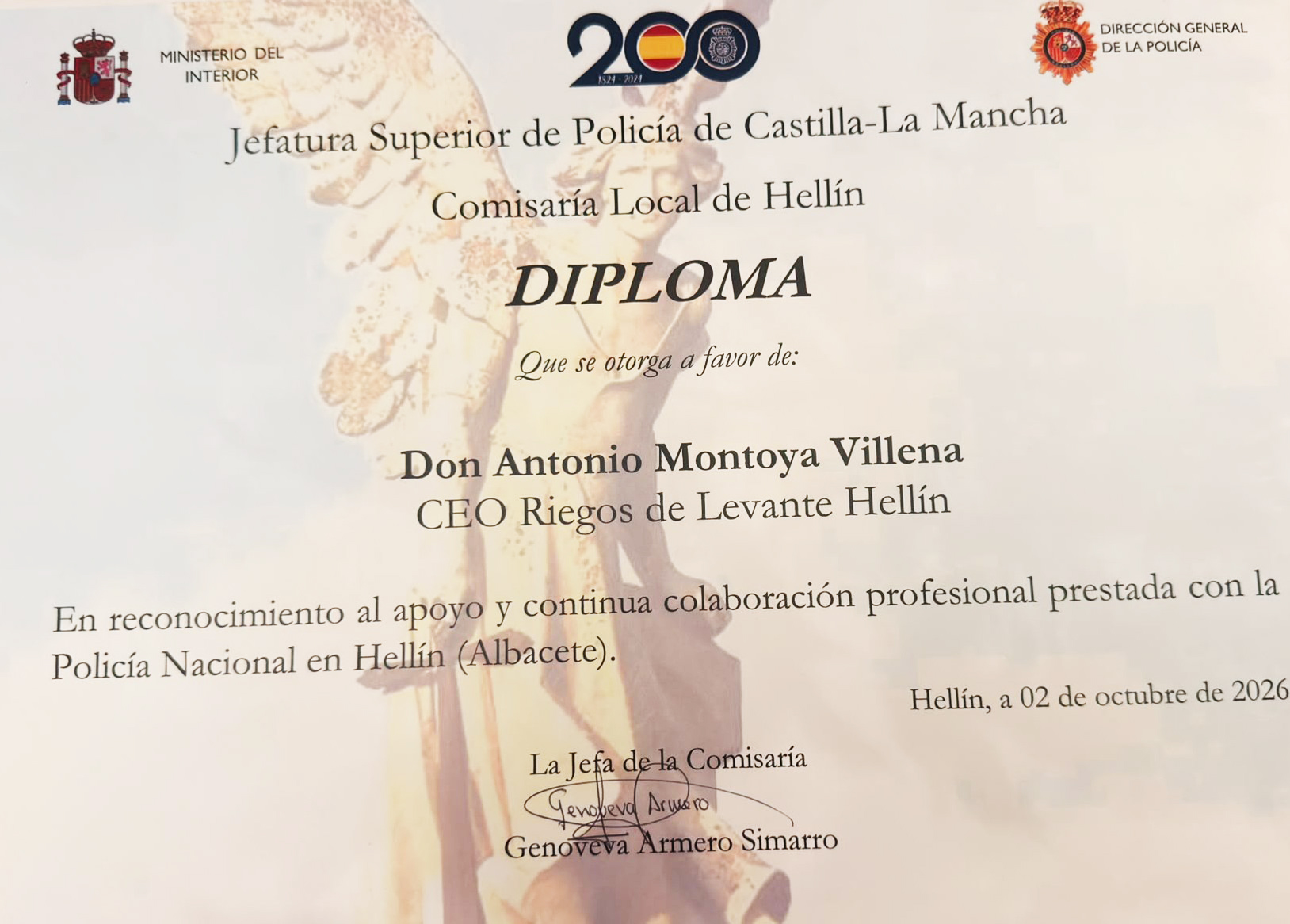 Diploma colaborador con Policía Nacional